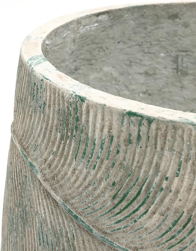 LuxenHome 14" Dia Rustic Weathered Cement Round Planter, Large Outdoor Indoor Plant Pot with Drainage Hole and Rubber Plug, Distressed Decorative Flower Pot for Home Garden Patio Porch