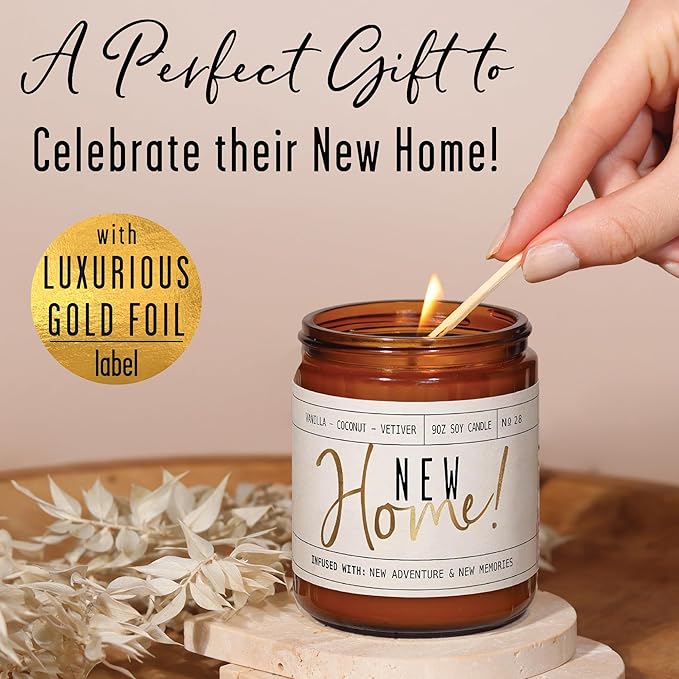 Housewarming Gift, House Warming Gifts New Home, Housewarming Gifts for New House - 'New Home' Soy Candle, w/Vanilla, Coconut & Vetiver I New Home Gifts for Home I 9oz Jar, 50Hr Burn, Made in USA