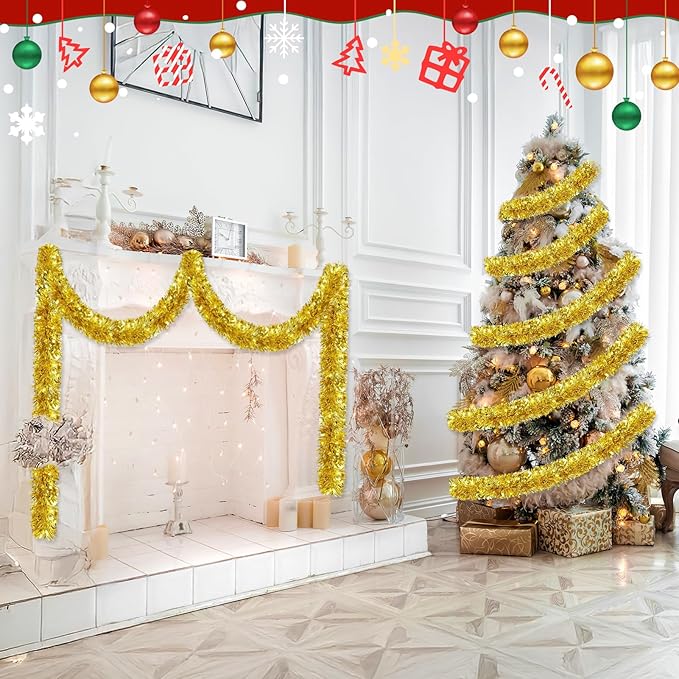 50FT Gold Christmas Tinsel Garland, Metallic Twist Shiny Hanging Garland Ornaments for Xmas Tree Party Supplies Thick Thin Metallic Streamers for Indoor Outdoor Decor
