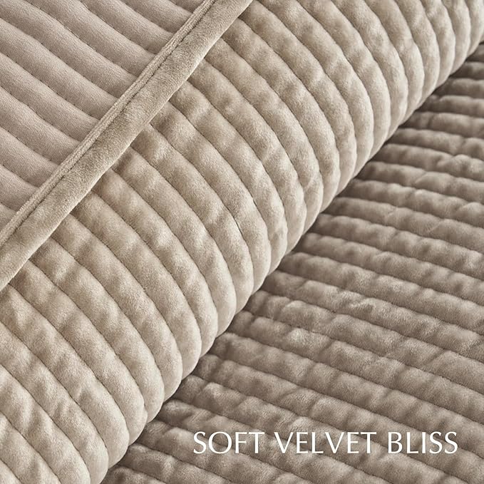 EVERGRACE Velvet Quilt Set King Size, Luxurious Soft Quilted Bedding Sets, Lightweight Velvet Comforter for All Season, Striped Channel Bedspread Coverlet with 2 Shams, Urban Taupe