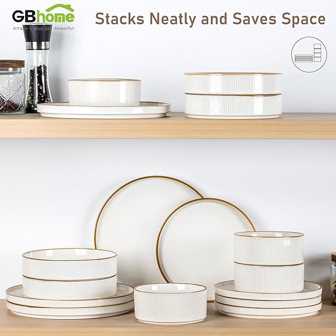 GBHOME Stoneware Dinnerware Sets for 8, Round Reactive Glaze Ceramic Plates and Bowls Set, Highly Scratch Resistant | Dishwasher & Microwave Safe Set，Service for 8（24pcs)