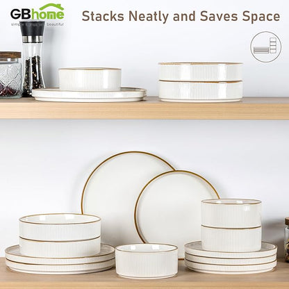 GBHOME Stoneware Dinnerware Sets for 8, Round Reactive Glaze Ceramic Plates and Bowls Set, Highly Scratch Resistant | Dishwasher & Microwave Safe Set，Service for 8（24pcs)