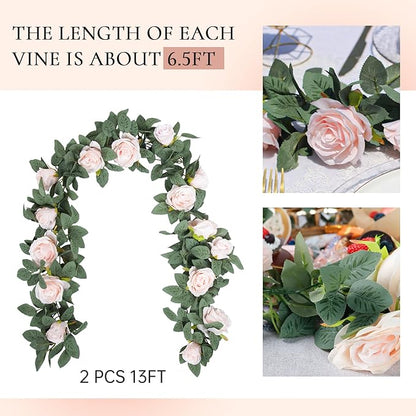 Der Rose 2 Pcs 13Ft Artificial Eucalyptus Flower Garland with Fake Silk Rose Flower Vine Rose Leaves Greenery Garland for Wedding Arch Table Wall Backdrop Party Room Decor (Pink)