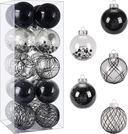 Christmas Ball Ornaments Set, 20ct Large Clear Black Shatterproof 80mm/3.15" Christmas Ornaments for Christmas Tree Decorations Hanging Decorative Baubles for Halloween Xmas Holiday Party Gift