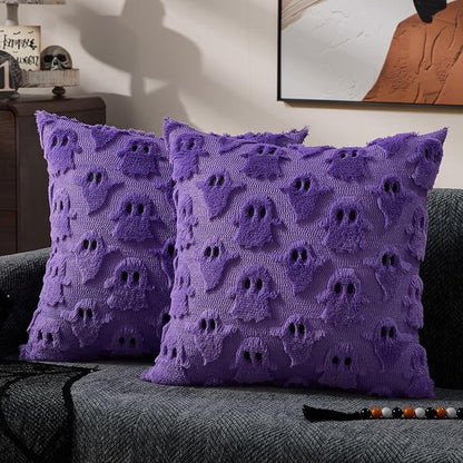 DFXSZ Halloween Pillow Covers 18x18 inch Set of 2 Purple Ghost Throw Pillow Cases Soft Plush Faux Fur Wool Cushion Case for Chair Bedroom Living Room Home Decor PTK03E18