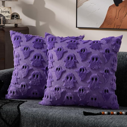 DFXSZ Halloween Pillow Covers 20x20 inch Set of 2 Purple Ghost Throw Pillow Cases Soft Plush Faux Fur Wool Cushion Case for Chair Bedroom Living Room Home Decor PTK03E20