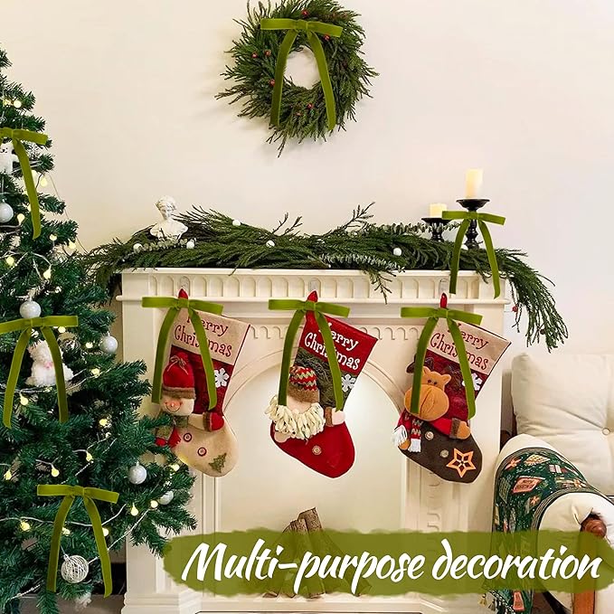 AYGXU 30pcs Velvet Bows for Christmas Tree Decorations,Twist tie Bows,Vintage Christmas Bow Decor,premade Bow for Gift Wrapping,Table,Garland,Fireplace Decor.Olive Green(5/8" W,5.1 * 7in)