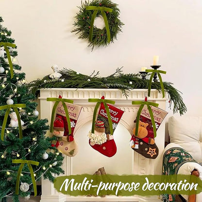 AYGXU 30pcs Velvet Bows for Christmas Tree Decorations,Twist tie Bows,Vintage Christmas Bow Decor,premade Bow for Gift Wrapping,Table,Garland,Fireplace Decor.Olive Green(5/8" W,5.1 * 7in)