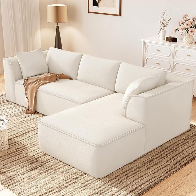 Vesgantti 106" Cloud Sectional Couch with Chaise, Deep Seat Modular Sectional Sofa Chenille Sofa Boneless Couches for Living Room Bedroom, No Assembly Required (Beige, Right-Facing Chaise)