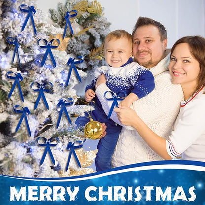 12 Pcs 2025 Metal Christmas Bow Ornaments for Christmas Tree Garland Wreath Bulk Bow with Clip Ornament Vintage Indoor Outdoor Home Xmas Party Decorations, 4 x 5 Inches (Blue)