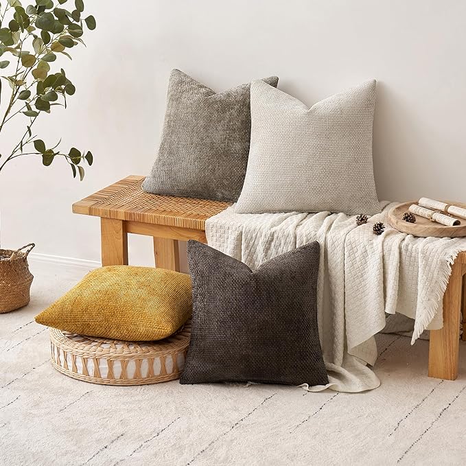 MIULEE Pack of 4 Throw Pillow Covers 20x20 Inch Neutral Gold/Brown Soft Decorative Chenille Pillow Covers Farmhouse Accent Cushion Covers for Boho Home Decor Bedroom Living Room