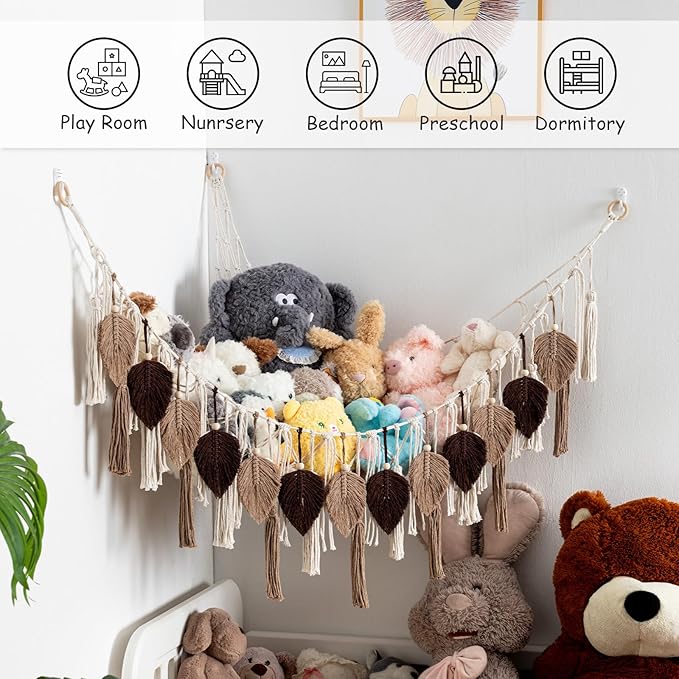Pretty Jolly Stuffed Animal Storage with Hand Woven Leaf Tassels Hammock Corner Hanging Net Boho Macrame Plush Storage for Kid Room Nursery Decor Wall Display for Girls Gift(Brown)