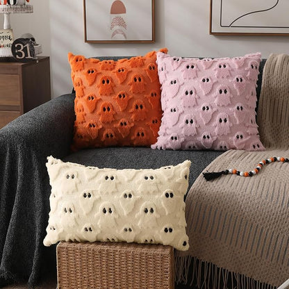 DFXSZ Halloween Pillow Covers 12x20 inch Set of 2 Beige Ghost Throw Pillow Cases Soft Plush Faux Fur Wool Cushion Case for Chair Bedroom Living Room Home Decor PTK03D12