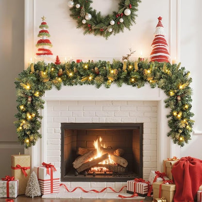 SHareconn Paquete de 2 guirnaldas de Navidad preiluminadas de 9 pies con decoraciones Christmas de piñas y luces LED multicolor enchufables, guirnalda iluminada para chimenea, mesa, decoración de Navidad en