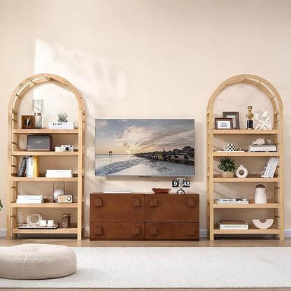 5-Tier Solid Wood Open Bookcase, Modern Arched Bookshelf, Home Office Shelf Storage Organizer, Storage Display Rack Shelf for Living Room (Natural)