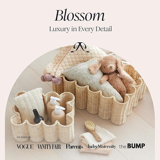 BEBE BASK Unique Wavy Scalloped Basket Set Of 2 - Scallop Basket - 16 x 10 x 7 In - Hand-Woven Elegant Wicker With Scalloped Edge Lid - Nursery Storage - (Earthy)