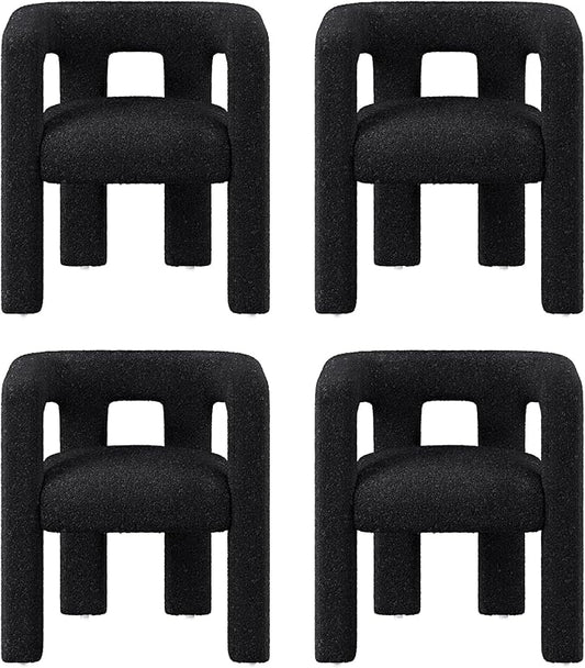 BELLEZE Modern Boucle Barrel Dining Chair Set of 4, Upholstered Linen Kitchen Boucle Armchair with Sidearms and Back, for Dining Room Living Room- Black