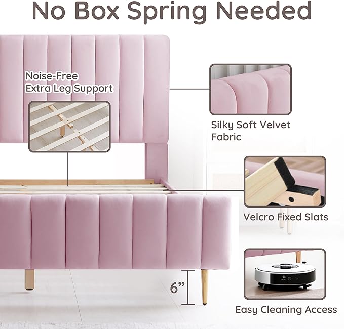 Livinia King Size Elton Velvet Platform Bed, Upholstered Bed Frame with Vertical Channel Tufted Headboard Footboard, Strong Wood Slats, No Box Spring Needed, Pink (King)