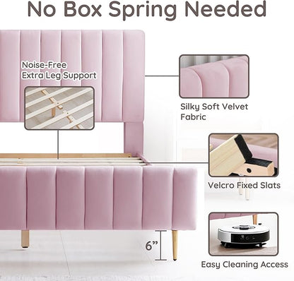 Livinia King Size Elton Velvet Platform Bed, Upholstered Bed Frame with Vertical Channel Tufted Headboard Footboard, Strong Wood Slats, No Box Spring Needed, Pink (King)