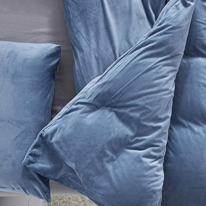 Pureant Blue Fluffy Comforter Set - Velvet Bedding Comforter & Flannel Blankets in Grayish Blue for Twin Size