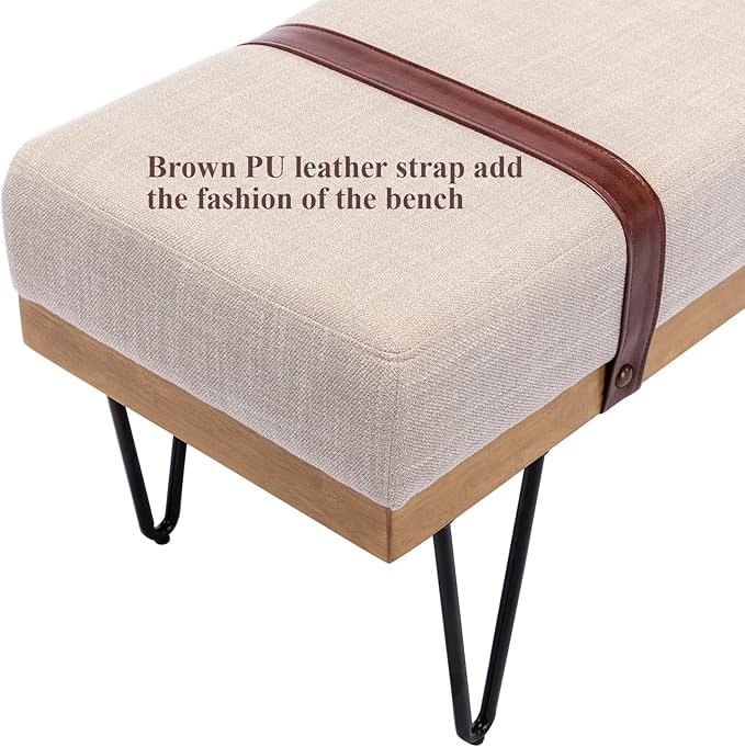 DUOMAY Industrial Modern Linen Rectangle Ottoman Bench with PU Strap and Metal Legs, Mid Century Dining Table Bench Footstool Entryway Shoe Bench for Bedroom Dining Room Living Room, Beige