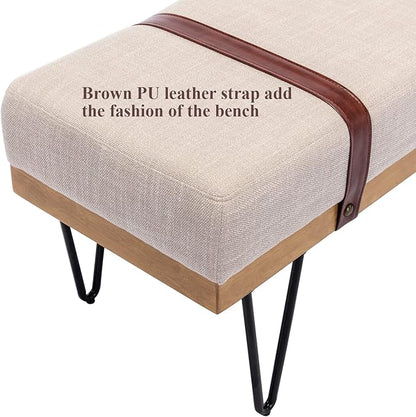 DUOMAY Industrial Modern Linen Rectangle Ottoman Bench with PU Strap and Metal Legs, Mid Century Dining Table Bench Footstool Entryway Shoe Bench for Bedroom Dining Room Living Room, Beige