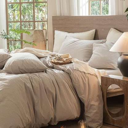 MooMee Wavy Striped Duvet Cover Set 100% Washed Cotton Linen Like Textured Breathable Durable Soft Comfy (Beige, Palatial King/Oversized King 120"x98")