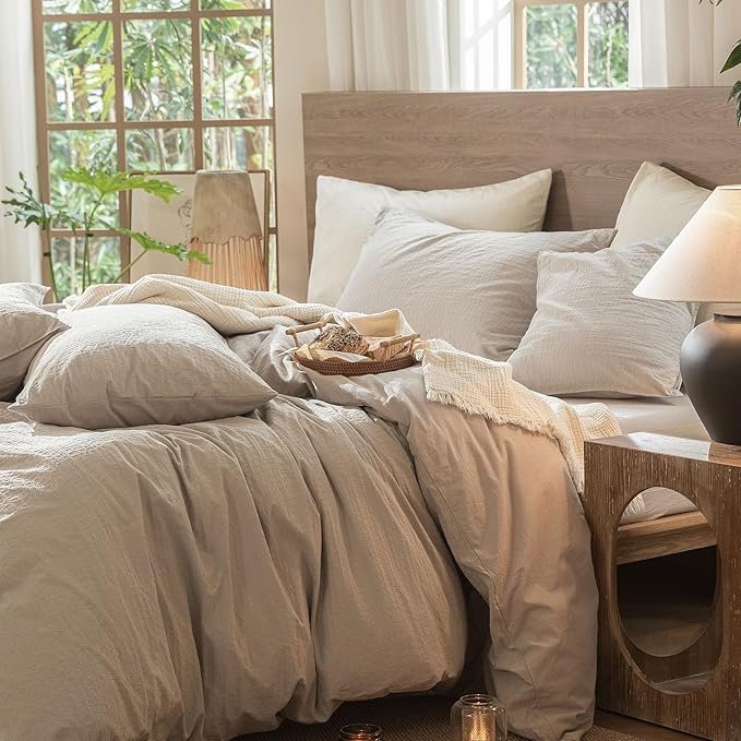 MooMee Wavy Striped Duvet Cover Set 100% Washed Cotton Linen Like Textured Breathable Durable Soft Comfy (Beige, Twin 68"x90")