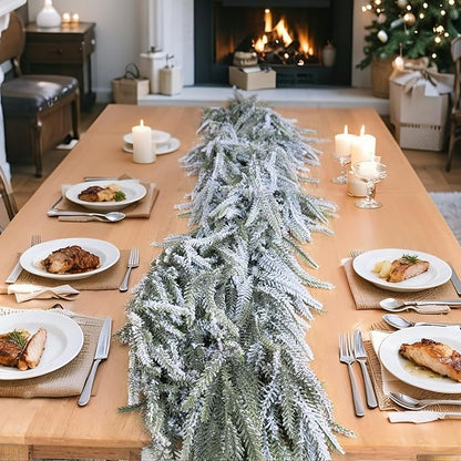 9FT Christmas Garlands Norfolk Pine Garland, Real Touch Artificial Winter Pine Garland, Green Artificial Greenery Garlands with Snowflake for Wall, Mantle, Table, Indoor, Outdoor Christmas Decorations