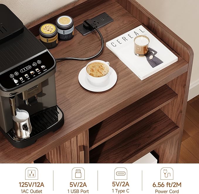 ONBRILL 44" Sideboard Buffet Cabinet with Outlet & 2 Open Storage Spaces, Fluted Sideboard Cabinet with Sliding Door & Adjustable Shelves, Mid-Century Accent Coffee Bar Console Table with Wooden Feet