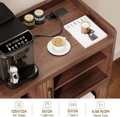 ONBRILL 44" Sideboard Buffet Cabinet with Outlet & 2 Open Storage Spaces, Fluted Sideboard Cabinet with Sliding Door & Adjustable Shelves, Mid-Century Accent Coffee Bar Console Table with Wooden Feet