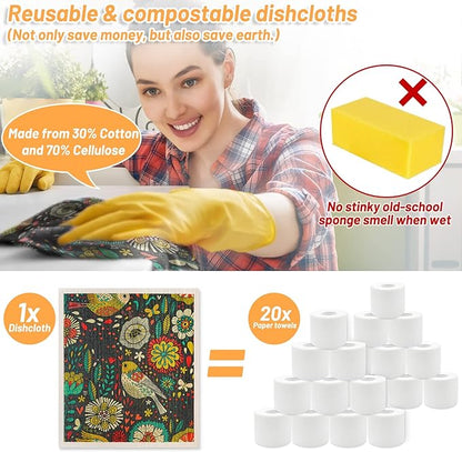 Lucomb Swedish Dish Cloths 8 Pack Reusable Absorbent Kitchen Dish Towels, Birds Flowers
