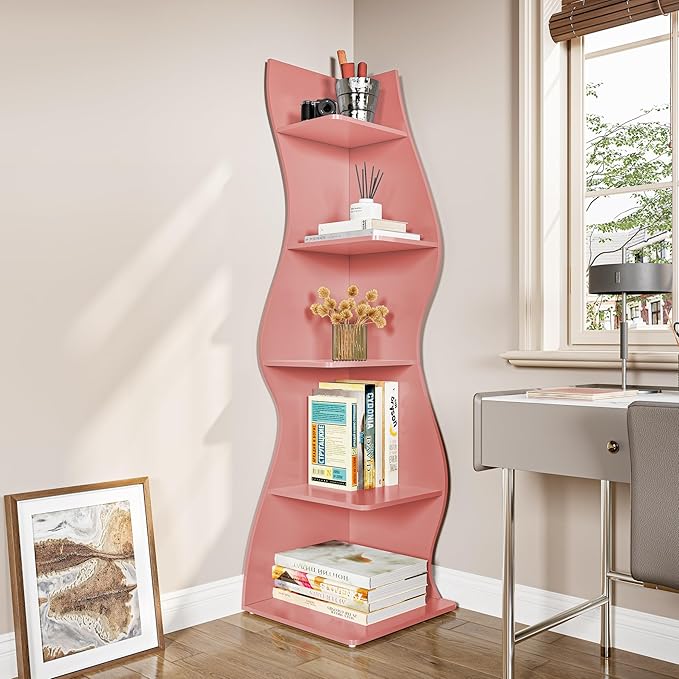 LITTLE TREE Small Corner Shelf, Modern 5-Tier Wall Corner Bookshelf, Stylish Bookcase Storage Rack for Small Space, Living Room, Bedroom, Pink, 1 Pack