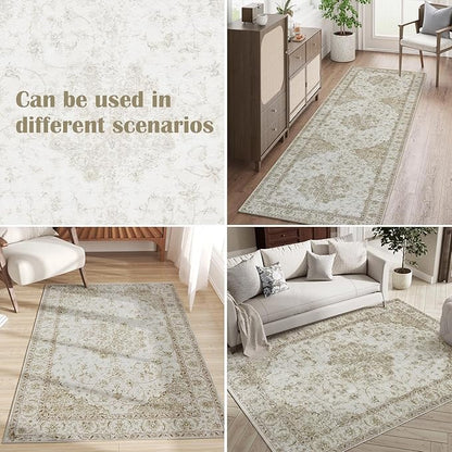 jinchan Vintage Floral Washable Area Rug 4x6 Non-Slip Medallion, Taupe