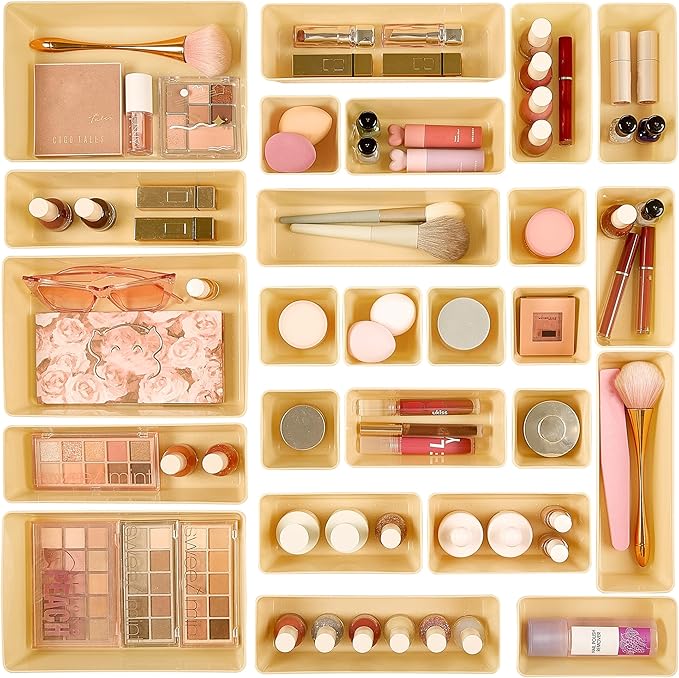 Vtopmart 25 PCS Plastic Drawer Organizers Set, 4-Size Versatile Bathroom and Vanity Drawer Organizer, Storage Bins for Makeup, Bedroom, Kitchen Gadgets Utensils and Office