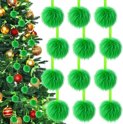 12 Pcs Lime Green Furry Christmas Ball Ornaments for Xmas Tree Hanging Decorations Soft Faux Fur Pom Pom Ball Home Fireplace Party Mantel DIY Decor (2.4 Inches)
