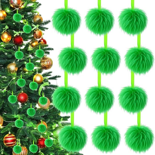 12 Pcs Lime Green Furry Christmas Ball Ornaments for Xmas Tree Hanging Decorations Soft Faux Fur Pom Pom Ball Home Fireplace Party Mantel DIY Decor (2.4 Inches)