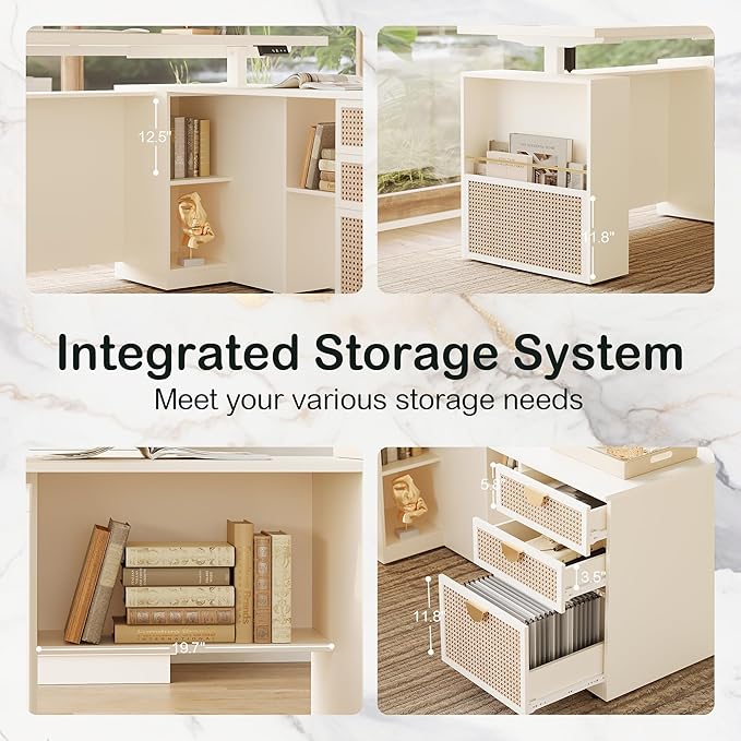 63" Standing Desk with File Cabinet, Privacy Panel, AC/USB, 1.18" Desktop, Executive L Shaped Height Adjustable Desk, Electric Stand Up Table with 3 Drawers, White Rattan
