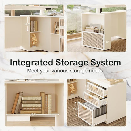 63" Standing Desk with File Cabinet, Privacy Panel, AC/USB, 1.18" Desktop, Executive L Shaped Height Adjustable Desk, Electric Stand Up Table with 3 Drawers, White Rattan