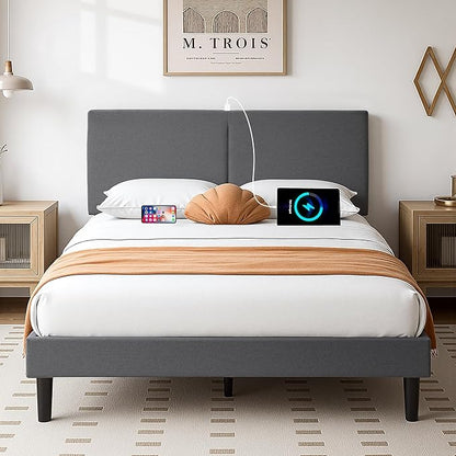 VECELO Queen Bed Frame with Type-C & USB Ports, Upholstered Platform Height-Adjustable Cotton and Linen Headboard,No Box Spring Needed,Noise-Free,Easy Assembly, Dark Gery