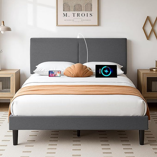 VECELO Queen Bed Frame with Type-C & USB Ports, Upholstered Platform Height-Adjustable Cotton and Linen Headboard,No Box Spring Needed,Noise-Free,Easy Assembly, Dark Gery
