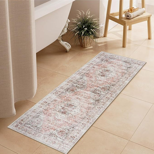 Uphome Bathroom Rugs Runner, Distressed Farmhouse Boho Blush Pink Bath Mat, Non Slip Washable Long Bath Rugs, Vintage Traditonal Soft Velvet Bathroom Runner for Bathtub Sink Shower, 18x47 inch