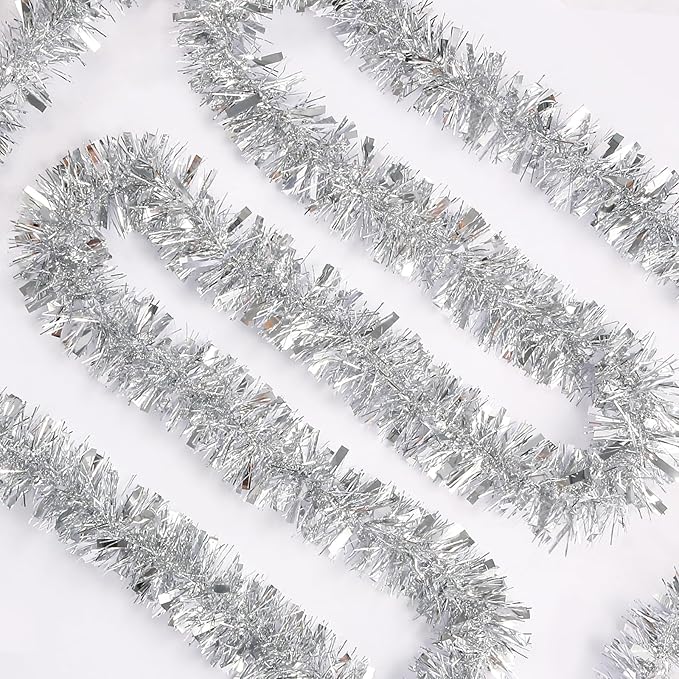 50Ft Christmas Tinsel Garland - Silver Shiny Metallic Twist Decor for Christmas Tree Home Stairs Railing Front Door Mantle Fireplace Indoor Outdoor Holiday Party