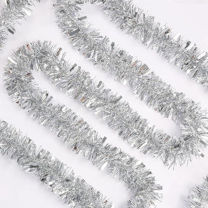 50Ft Christmas Tinsel Garland - Silver Shiny Metallic Twist Decor for Christmas Tree Home Stairs Railing Front Door Mantle Fireplace Indoor Outdoor Holiday Party