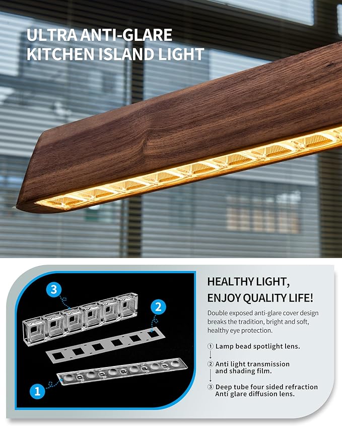 71" Wood Linear Pendant Light, Dimmable Kitchen Island Lighting with Remote, 30W LED Island Lights for Kitchen, Adjustable Linear Chandelier for Dinning Room Light Fixture, Bar, Pool Table - Walnut