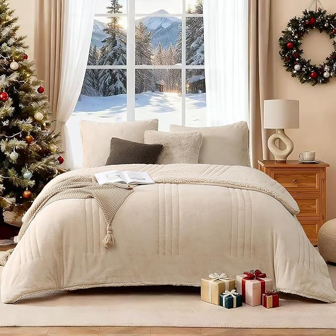 Monbix Fluffy Queen Comforter Set Beige, Sherpa Plush Fuzzy Comforter 3 Piece for Queen Size Bed, Luxury Soft Winter Warm Bedding Set