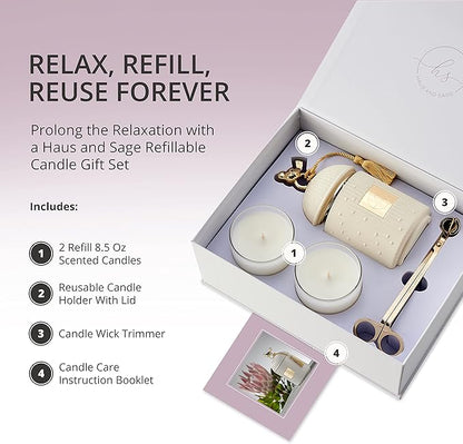 Luxury Scented Candle Gift Set - Holder + 2 x 8.5oz Soy Refills + Wick Trimmer - 115 Hour Burn - Birthday Gifts for Women - Centerpiece Decorations - 4 Pcs