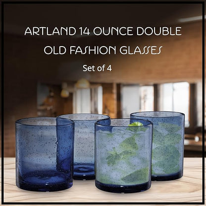 ARTLAND 14oz Double Old Fashion Glass, Set of 4 | Iris Seeded Design, Slate Blue | Drinking Glass for Parties and Everyday Use - Mojito, Whiskey, Cocktail | Glassware & Barware Essentials