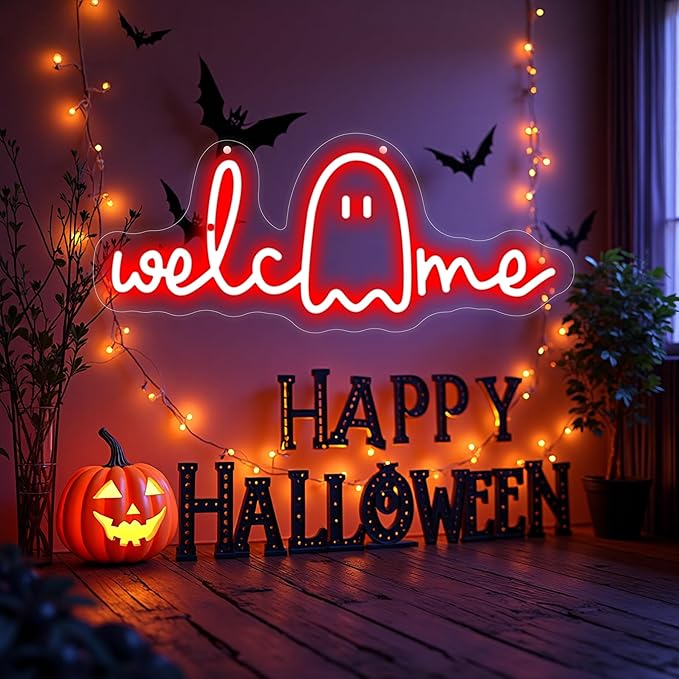 Welcome Ghouls Neon Sign, Spooky Ghost LED Halloween Decor, Haunted House Entryway Light, Available Gothic Haunted Mansion Light for Bedroom Bar Cave Room Decor Party Home-Red