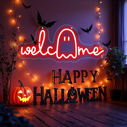 Welcome Ghouls Neon Sign, Spooky Ghost LED Halloween Decor, Haunted House Entryway Light, Available Gothic Haunted Mansion Light for Bedroom Bar Cave Room Decor Party Home-Red